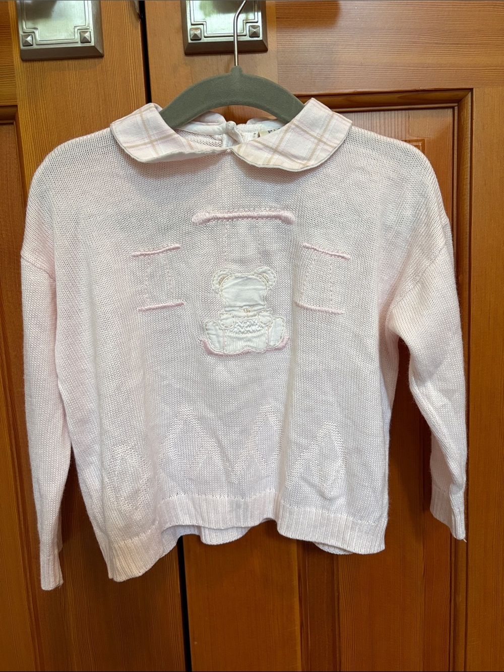 Vintage Piu Bello Pink Knit Bear Sweater with Collar 24 Months Made In Italy